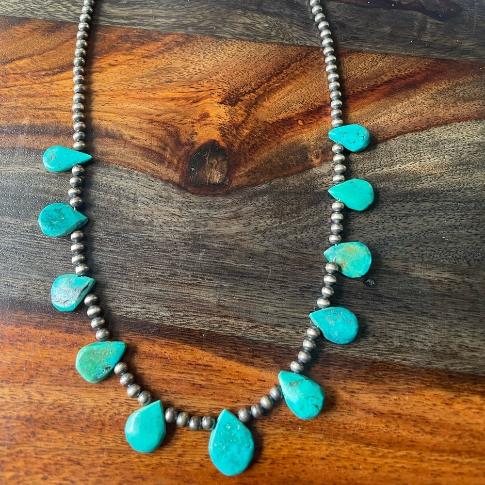 Teardrop, blue turquoise, and sterling silver Navajo pearls